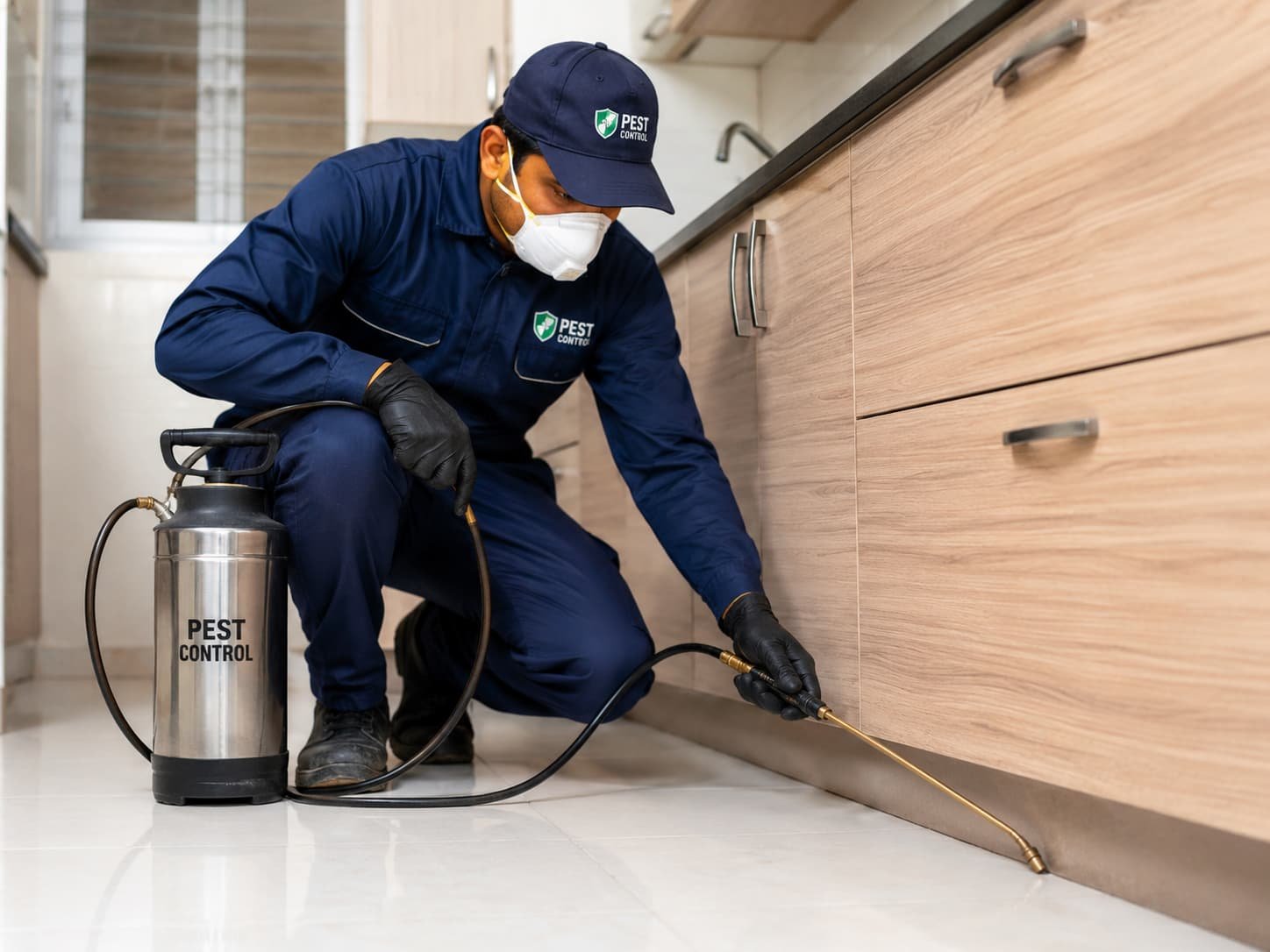 Pest control technician treating a Hyderabad home for cockroaches, termites and bed bugs
